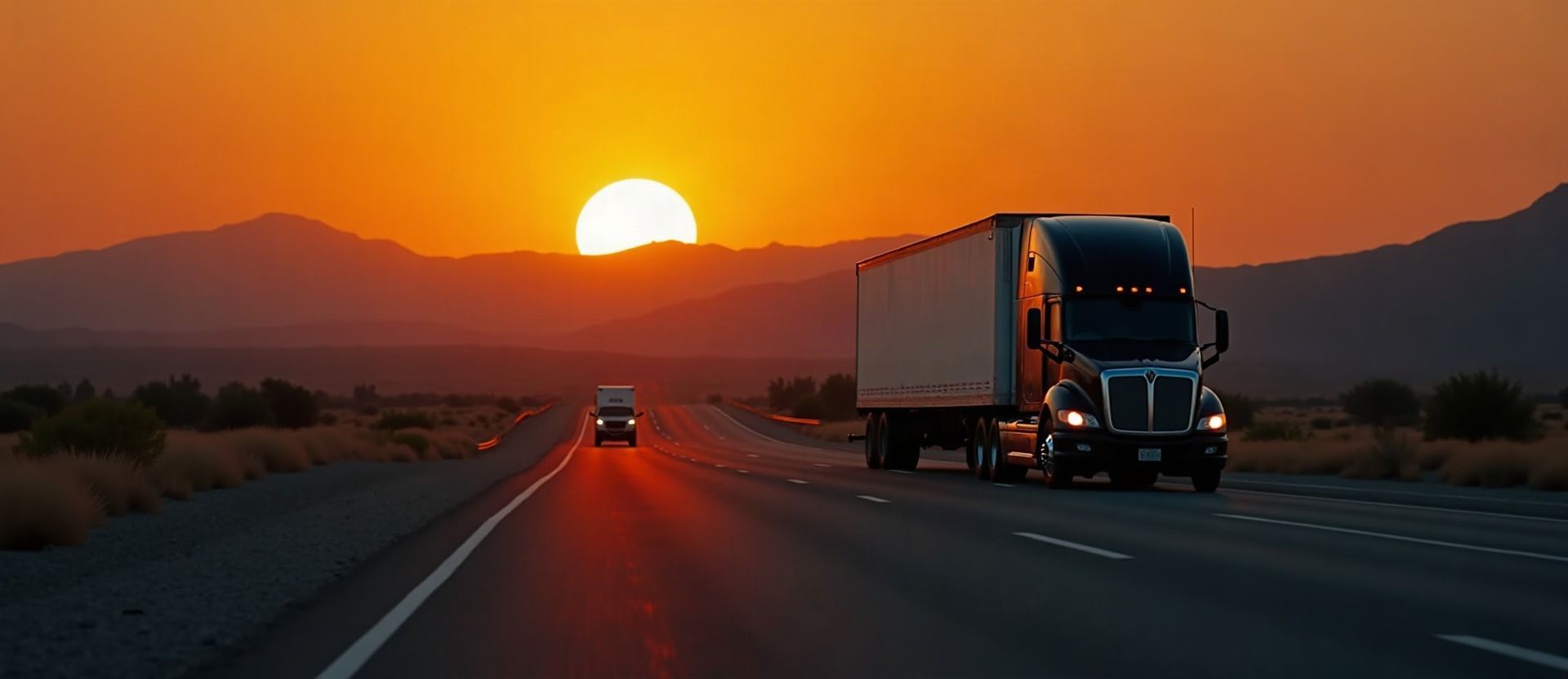 A semi truck on a desert highway at sunset