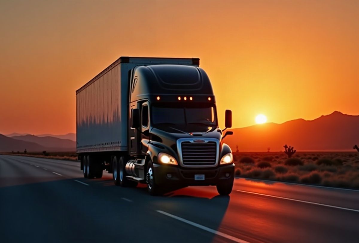 A black semi truck with a white trailer on the highway at dusk